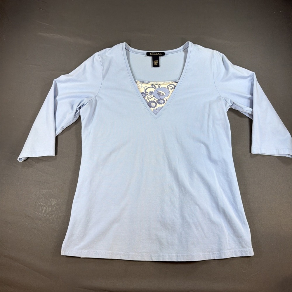 Denim & Co Light Blue V-Neck Top Floral Inset 3/4 Sleeve Large A80712